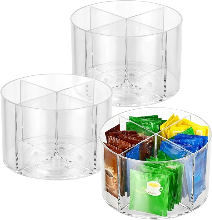3 PCS Rotating Drink Packet Organizer, 360° Round Turntable with 4 Compartments, Clear Lazy Susan Organizer for Flavor Packets, Coffee Pods, Drink Mixes, Tea Bags, Kitchen Countertop Storage
