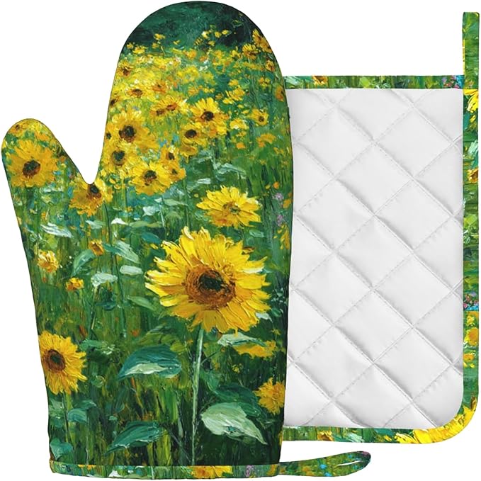 Vintage Sunflower Oven Mitts and Pot Holders Sets Flower Oil Painting Silicone Heat Resistant Kitchen Oven Gloves Pot Holder for Cooking Baking Grilling BBQ