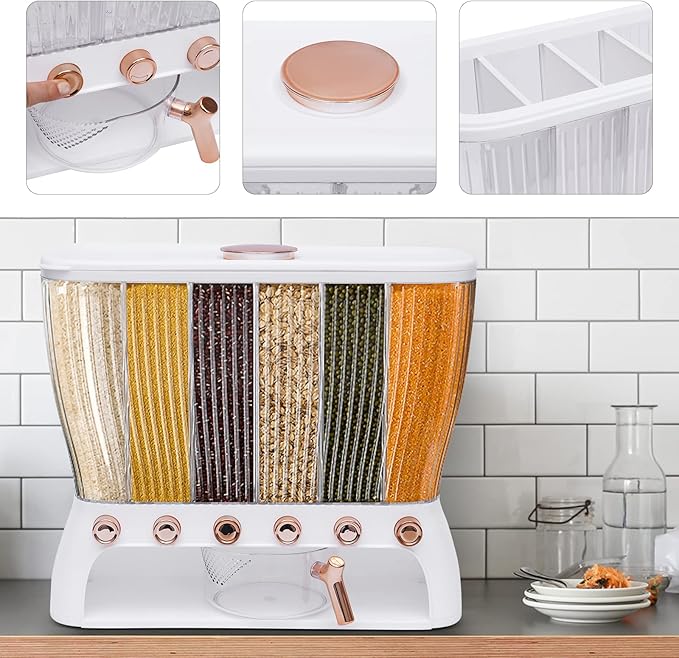 6 Grids Grain Dispenser Can, Cereal Rice & Grain Storage Container 6 Grid Beans Dispenser with Measuring Cup Wall mounted Dry Food Grain Dispenser for Grains Rice Dry Food Beans (White and Gold)