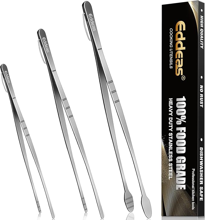 Eddeas Kitchen Tweezers Tongs, Cooking Tweezers Stainless Steel - 3 Size 12'' 10'' & 8 inch Ideal for Meat, pasta, plating and pinching delicate small pieces of food, Set of 3