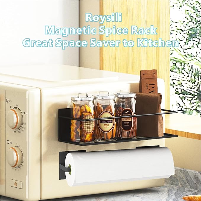 Magnetic Spice Rack For Refrigerator, Magnetic Fridge Shelf For Kitchen, Magnetic Shelf For Fridge Space Saving Black 4 Pack With Magnetic Paper Towel Holder