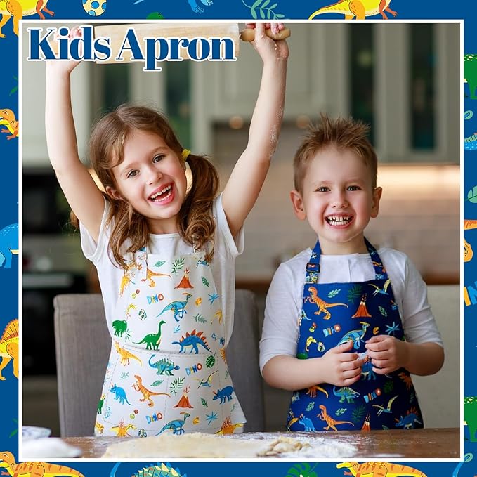 2 Pack Kids Apron and Chef Hat Adjustable Kitchen Cooking Aprons with Pockets for Girls Boys Baking Painting