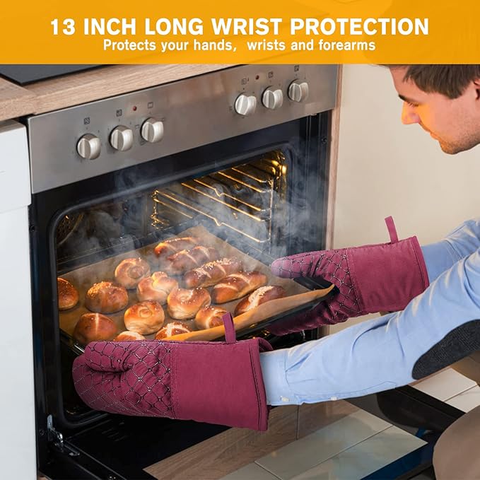 6 Pcs Oven Mitts and Pot Holders, 500℉ Heat Resistant Oven Mitts with Kitchen Towels Soft Cotton Lining and Non-Slip Silicone Surface Safe for Baking, Cooking, BBQ (Red)