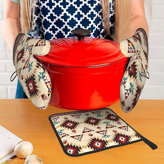 Southwestern Aztec Oven Mitts and Pot Holders Set of 3, Heat Resistant Non-Slip Navajo Pattern Oven Gloves with Hot Pad, Native American Boho Kitchen Decor Gloves for Chef Cooking Baking Grilling BBQ