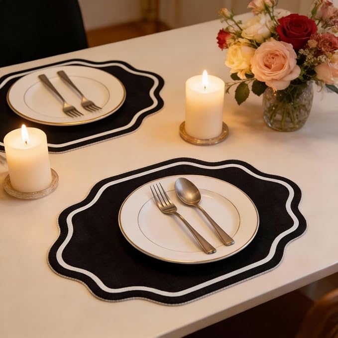 Breling 6 Pcs Wedding Placemats Scalloped Embroidered Cotton Linen Placemats 17" x 13" Double Layered Machine Washable Table Place Mat for Party Table Decor (Black)