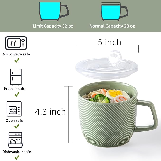 Ceramic Soup Bowls with Lid & Handle: 32 oz Microwave Safe Food Containers for Ramen Noodles Cereal Leftovers - Extra Large Mugs for Breakfast Lunch Picnic Camping - Green, Set of 2