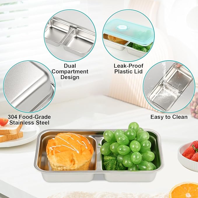 YEXEXINM 8 Pcs 30 oz Bento Boxes, 2 Compartments 304 Stainless Steel Food Storage Containers Snack Boxes with Leakproof Lids, Divided Meal Prep Lunch Box Food Container Dishwasher Safe