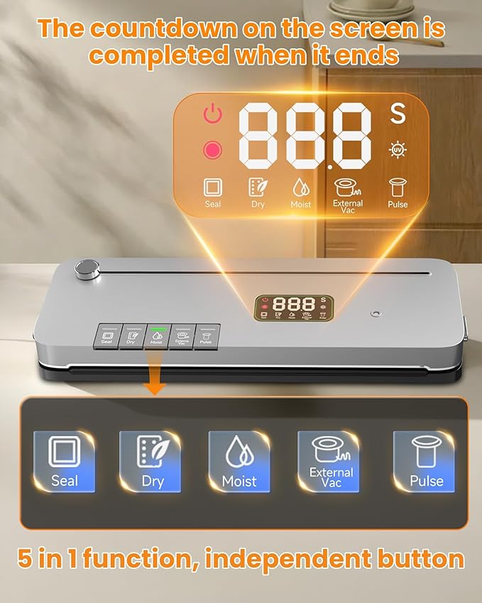 Food Vacuum Sealer Machine, 75KPa Strong Suction, Digital Timer, Built-in Cutter, Pulse Function, Dry & Moist Modes, External Vacuum for Jars & Containers, 20 Vacuum Sealer Bags Included