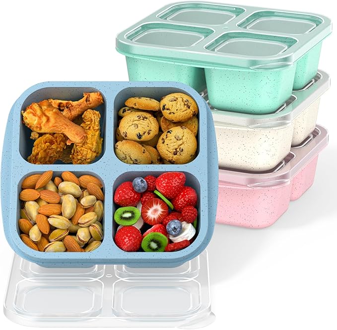 Bento Snack Boxes (4 Pack)- Reusable 4-Compartment Meal Prep Containers for Kids and Adults, Perfect Food Storage School, Compact Stackable (Wheat(Green/Blue/PK/Beige))