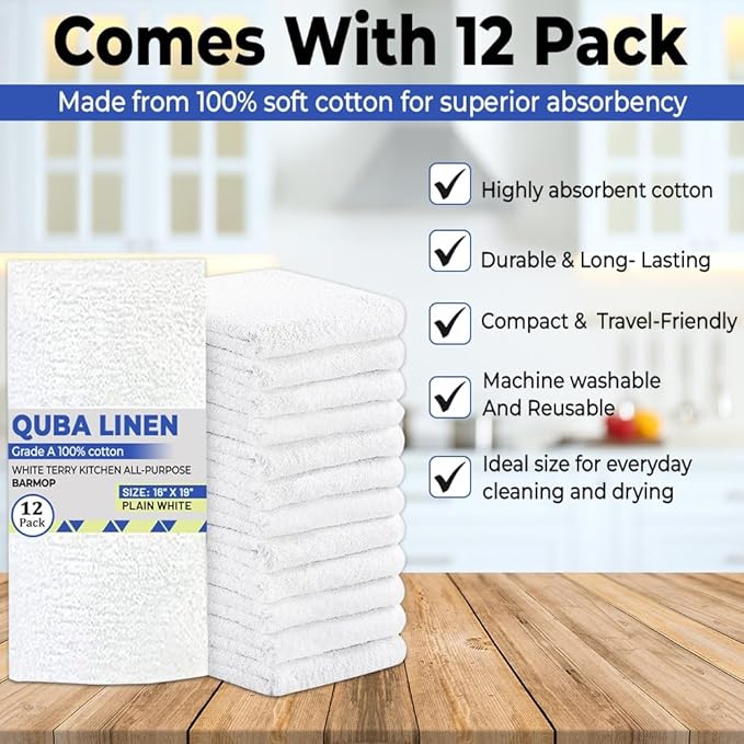 QUBA Linen - Bar Mops Towels, 12 Pack Premium Quality 100% Cotton, Size 16x19 Highly Absorbent and Multi-Purpose Cleaning Rags - Terry Towels for Home and Kitchen Machine Washable bar mops (12)