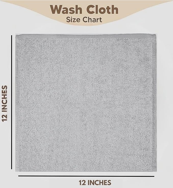 Towel and Linen Mart 100% Cotton - 12 Pack Wash Cloth Set - Flannel Face Cloths, Highly Absorbent and Soft Feel Fingertip Towels (Silver, Pack of 12)