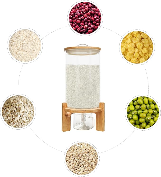 7.5L Cereal Dispenser, Bamboo Grain Storage Barrel with Sealed Lid and Wooden Stand, Cereal Container for Pantry Organization and Storage
