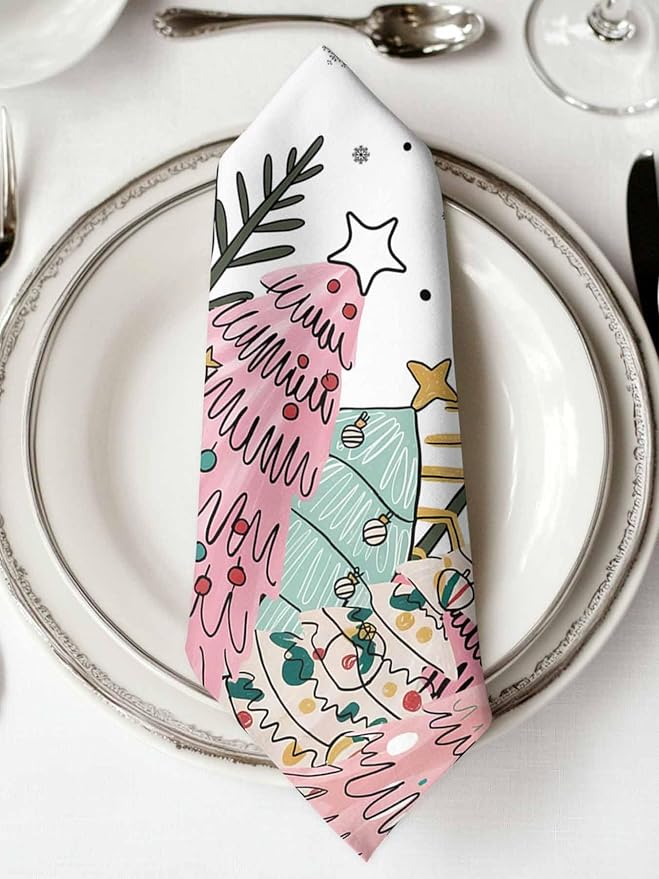 Christmas Cloth Napkins Set of 6, Pink Xmas Tree Washable Dinner Napkins Winter Snowflakes Rustic Plaid Table Reusable Napkin for Home Party Wedding Dining Table Setting Decoration, Oversized 20"x20"