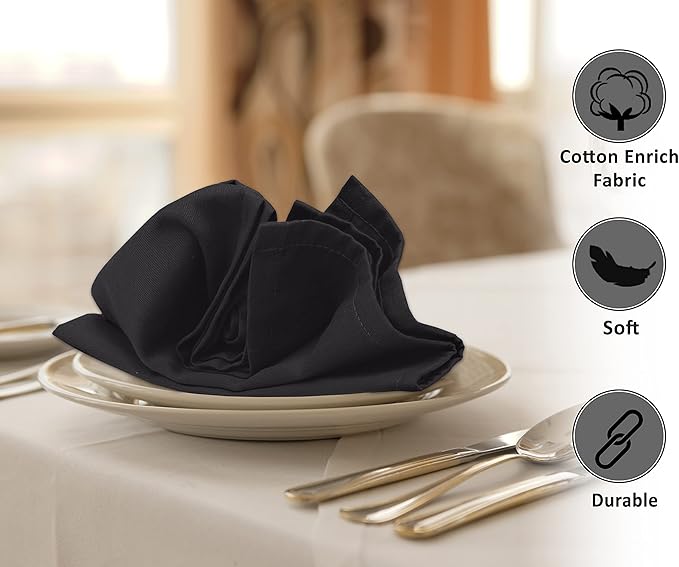 Ruvanti Cloth Napkins set of 12, 18x18 Inches Napkins Cloth Washable, Soft, Durable, Absorbent, Cotton Blend. Table Dinner Napkins Cloth for Hotel, Lunch, Restaurant, Weddings, Events, Parties - Black