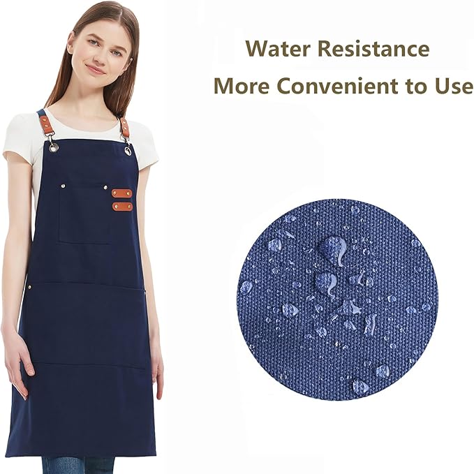 AFUN Chef Aprons for Women Men with Oversized Pockets, 12-Ounce Cotton Canvas Cross Back Water Repellent Apron (Dark Blue)