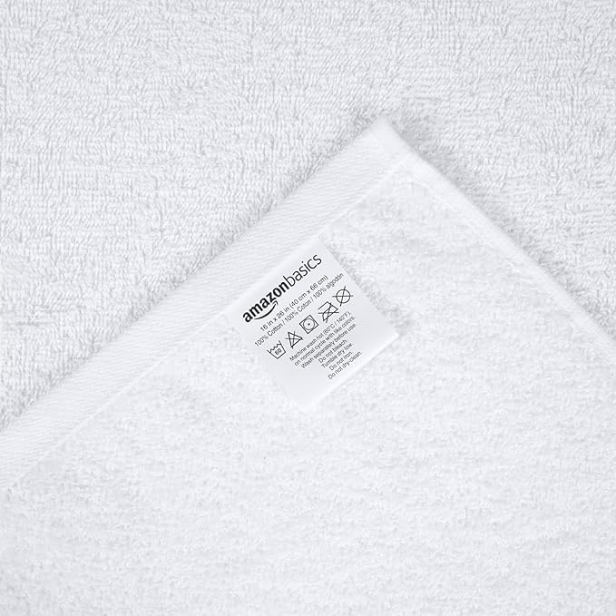 Amazon Basics Soft and Thick Cotton Hand Towels for Bath, Kitchen, Gym, 16 x 26 in, White, 12-Pack