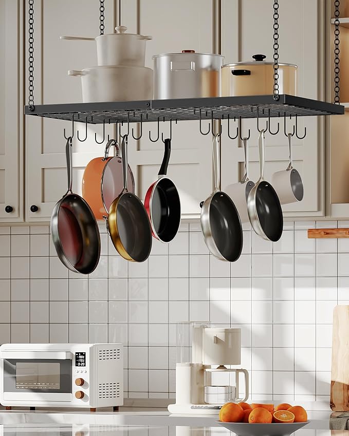 CHOEZON Hanging Pot Rack, Ceiling Mounted Pot Hanger for Kitchen, Metal Cookware Storage Organizer with 12 Hooks, for Storage of Cookware, Utensils in Kitchen, Black TPR31BB