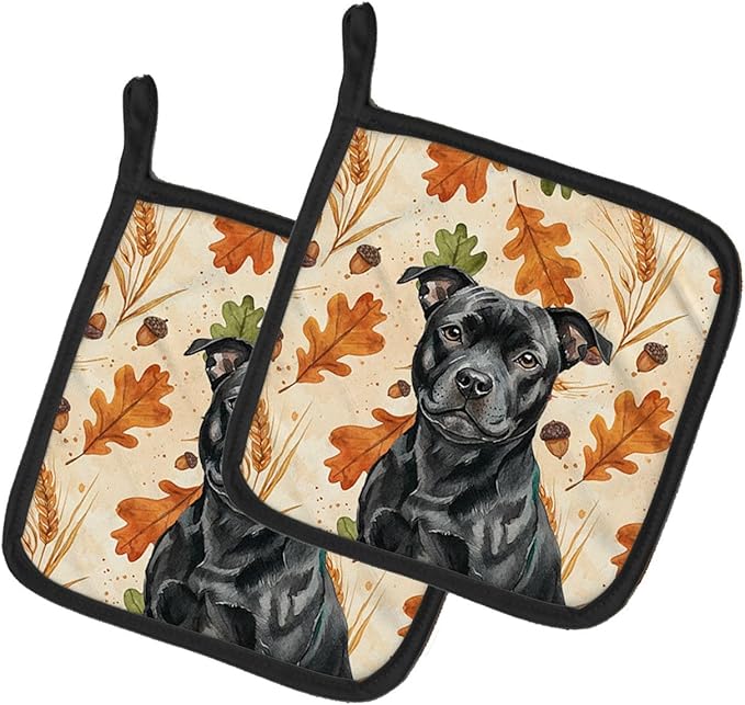 Caroline's Treasures Black Staffordshire Bull Terrier Heirloom Fall Pair of Pot Holders Pair 7.5x7.5 Quilted Insulated Hot Pads Decorative Kitchen Gift Made in USA
