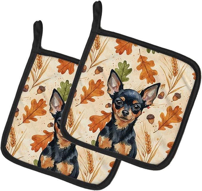 Caroline's Treasures Black and Tan Russian Toy Heirloom Fall Pair of Pot Holders Pair 7.5x7.5 Quilted Insulated Hot Pads Decorative Kitchen Gift Made in USA