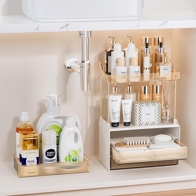 Delamu Bathroom Organizers and Storage, 2 Tier 3 Drawer Makeup Organizer Countertop, Easy to Install, Ideal for Bathroom Counter, Vanity, Ideal for Women Girls, Amber