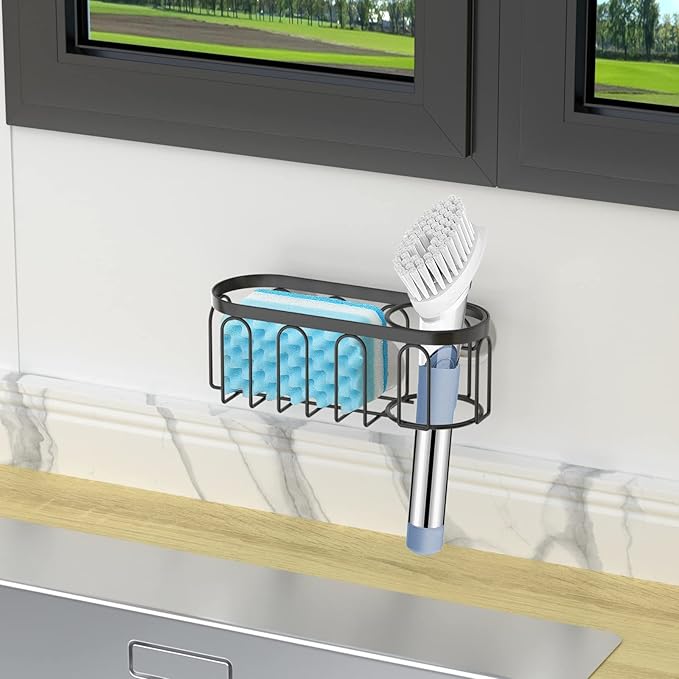 Yazoni 2-in-1 Sponge Holder for Kitchen Sink, Sink Caddy Kitchen Sink Organizer with 3 Suction Cups, No Drill Rustproof Sink Sponge Holder for Dish Brush, Soap & Sponge (Black)