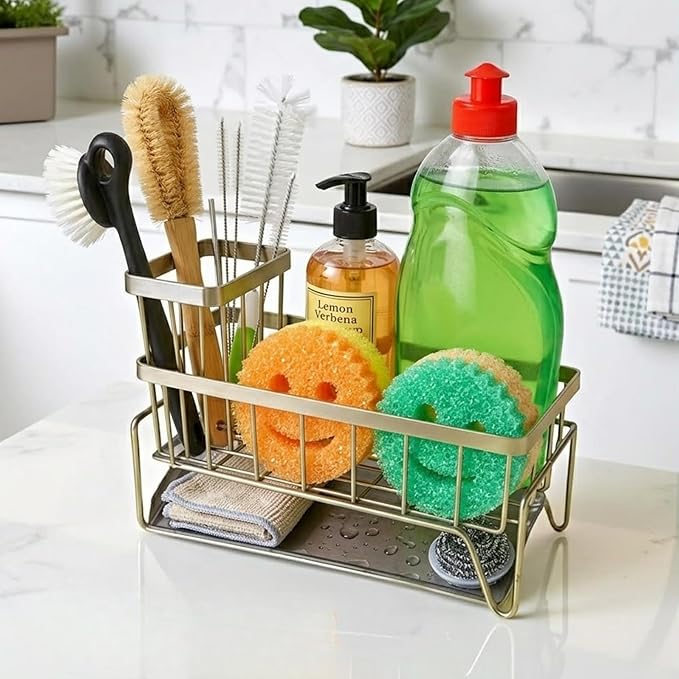 Sponge Holder for Kitchen Sink, Self-Draining Sink Caddy for Brush Dishcloth & Soap, Stainless Steel Kitchen Organizer for Countertop, Home Essential House Cleaning Supplies
