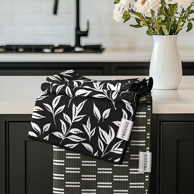 RECYCO Waffle Kitchen Towel Set of 2 - Quick Dry Microfiber Sustainable Dish Towels - Ultra Absorbent Reusable Cleaning Tea Towels - Lightweight Hand Towels,16”x 28”, Natural Rhythm