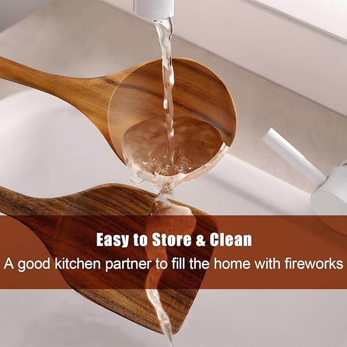 FJNATINH Wooden Spoons for Cooking, 10 Pcs Teak Wooden Cooking Utensil Set with Holder, Wooden Kitchen Utensils Set for Nonstick Pans & Cookware