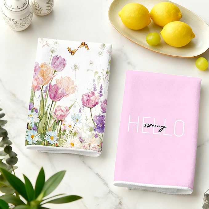 2Pcs Purple Tulip Floral Kitchen Towels-16×24in Spring Floral Microfiber Dish Towels, Holiday Decor Flower Hand Towels for Kitchen Bathroom Home Easter Mother‘s Day Gifts