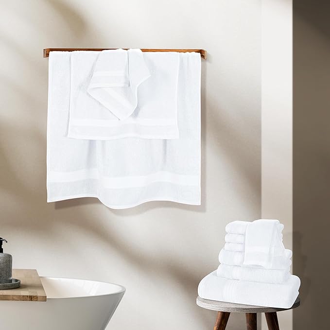 GLAMBURG Ultra Soft 24-Piece Towel Set - 100% Pure Ringspun Cotton, Contains 8 Oversized Bath Towels 27x54, 8 Hand Towels 16x28, 8 Wash Cloths 13x13 - Ideal for Everyday use, Hotel & Spa - White