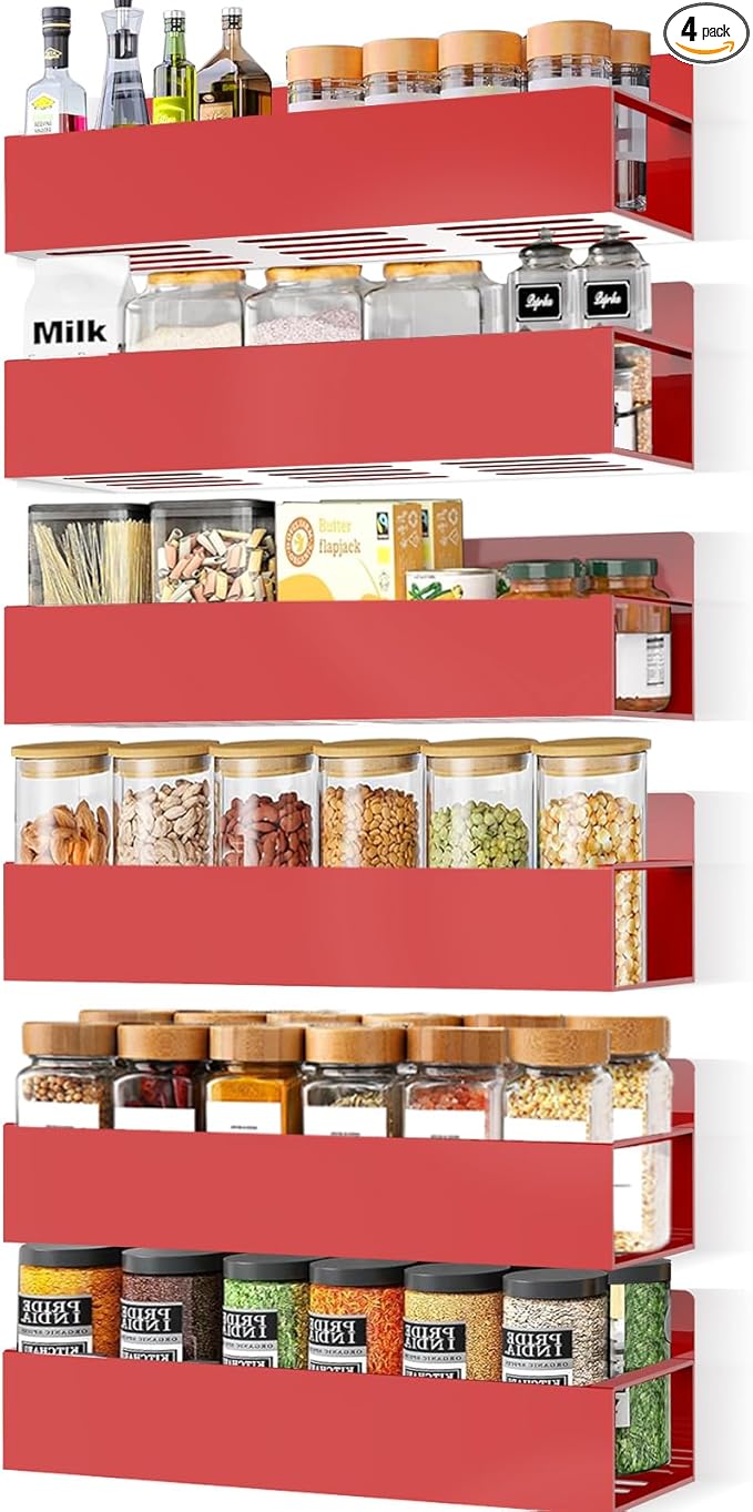 SMRCAD Magnetic Spice Rack for Refrigerator, 6pack Magnetic Shelf for Fridge Space Saving Seasoning Organizer for Kitchen storage Any Metal Surface No Drilling Needed (6pack-Red)