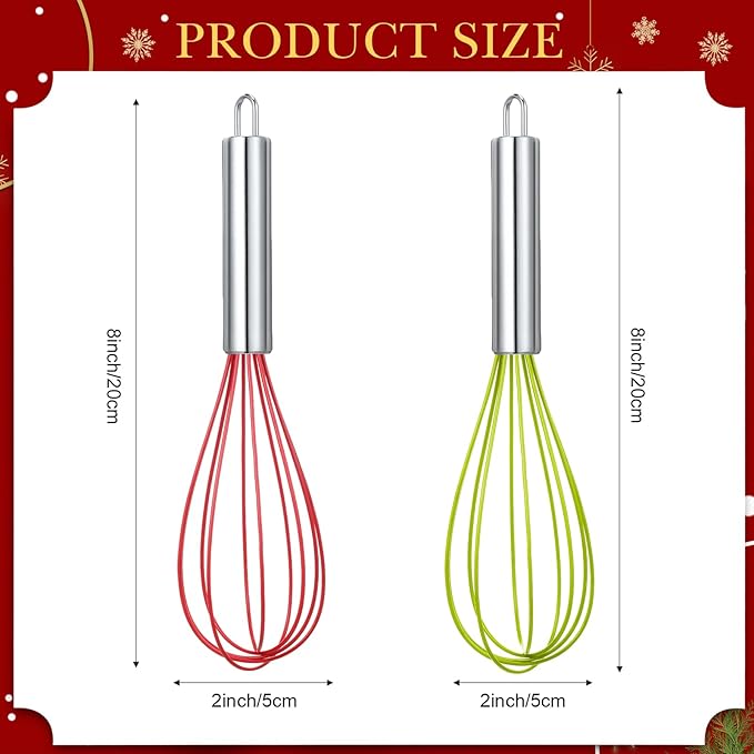 FoldTier 16 Sets 8 Inch Christmas Whisks Gifts DIY Fillable Christmas Tree Ornaments Xmas Colored Silicone Whisks for Cooking Heat Resistant Egg Beaters with Card Rope Bag for Candy Holder