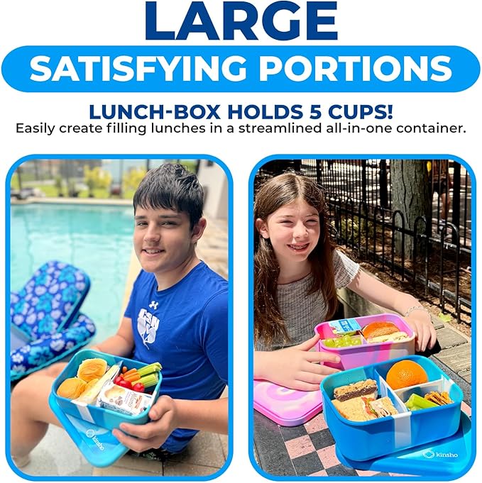 kinsho Silicone Bento Box Lunch Box For Kids Toddlers Teens, Reuseable Eco Snack And Meal Container For School Daycare Or Travel, 5 Cup /40 Oz Large Capacity, Blue
