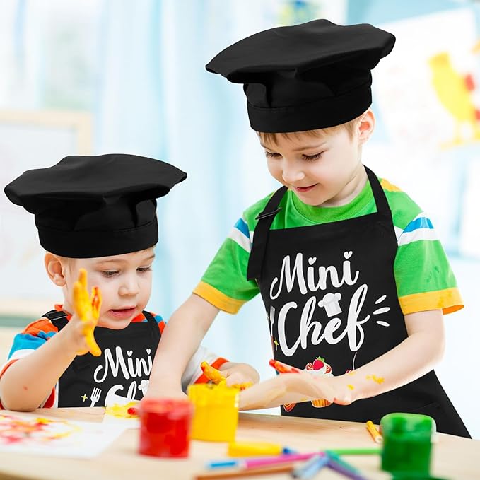 Kids Apron and Chef Hat Set, “Mini Chef” Funny Apron Adjustable Kitchen Apron for Boys and Girls
