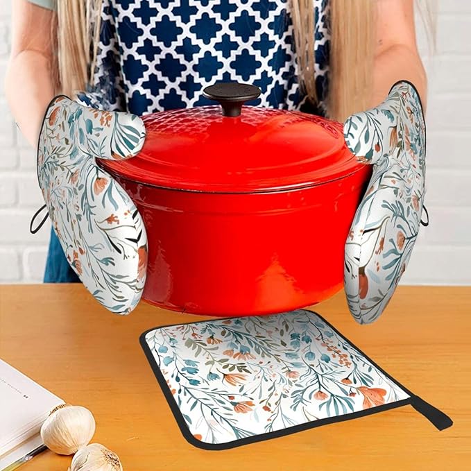 Teal Orange Watercolor Floral Oven Mitts and Pot Holders Sets of 3, Heat Resistant Non-Slip Washable, Chef Cooking Baking Gifts for Women Bakers, Burnt Orange Blue Green Flowers Charming Kitchen Decor