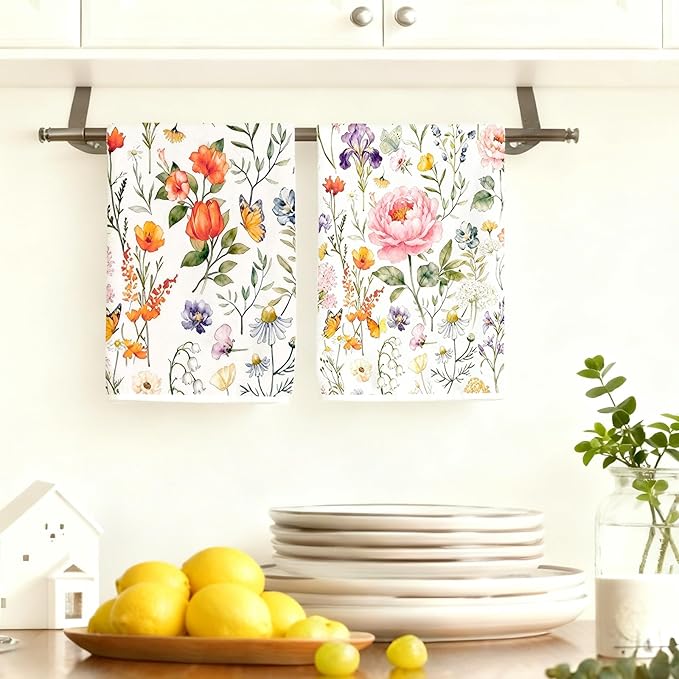 2Pcs Floral Kitchen Towels-16×24in Spring Dish Towels, Super Absorbent & Quick Dry Flower Decor Hand Towels for Spring Summer Home Decor Easter Mother‘s Day Gifts
