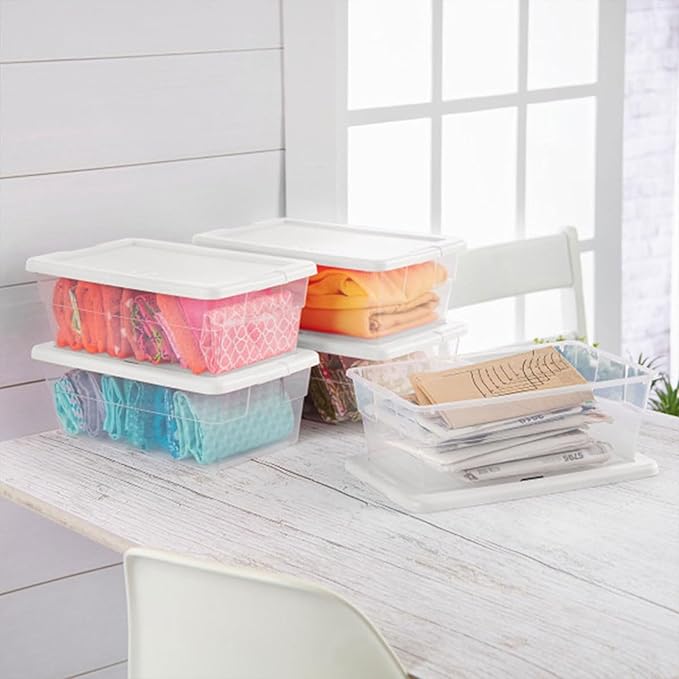 Sterilite 12-Pack 6 Quart Storage Boxes, Stackable Clear Plastic Bins with Snap-On Lids – Heavy-Duty Organizing Containers for Closet, Bathroom, and Office