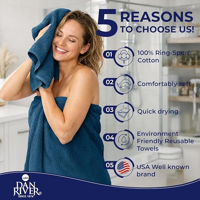 DAN RIVER 8 PC Luxury Bath Towels for Bathroom, 2 Bath, 2 Hand, and 4 Wash Cloths, 600 GSM 100% Ring Spun Cotton Towel Set, Highly Absorbent, Gym, Hotel, and Spa, Blue Opal