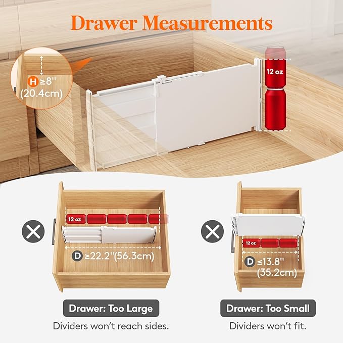 Lifewit 8" Tall 6 Pack Drawer Dividers, 35-56.5cm/13.8-22.2" Expandable Drawer Divider for Clothes, Adjustable Dresser Drawer Organizers, Drawers Separators for Dresser/Bathroom/Closet/Kitchen White