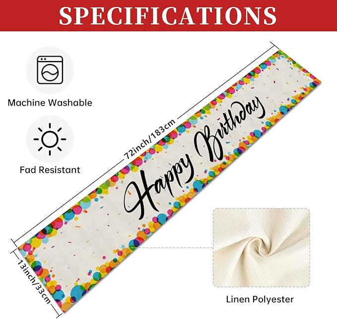 Happy Birthday Table Runner Colored Circles Ribbons 13x72 Inch Polyester Linen Table Decoration for Kitchen Dinning, Indoor Outdoor Home Party Desktop Decor (Multicolour)
