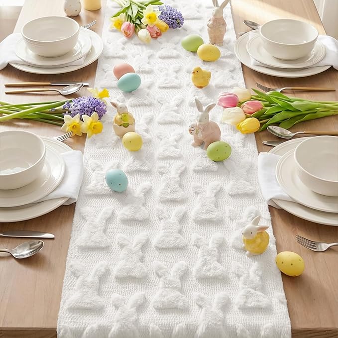 Artoid Mode White Soft Plush Faux Fur Jacquard Bunny Rabbit Easter Table Runner, Seasonal Kitchen Dining Table Decoration for Home Party Decor 13x72 Inch