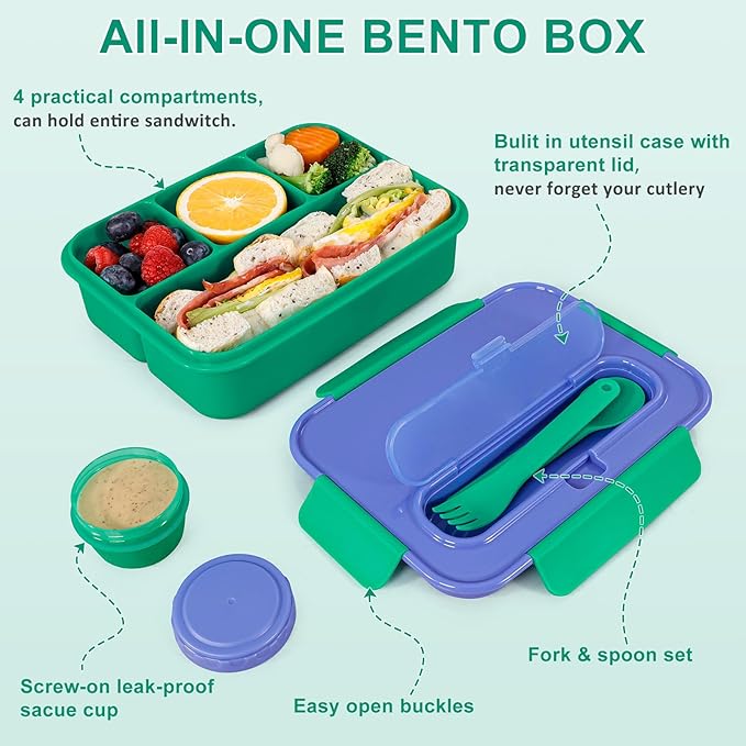 Caperci Bento Box for Kids - 50oz Larger Lunch Box Containers for Kids, Reinforced Leakproof, Built-in Sauce Cup, Utensils, 4 Compartments, BPA-Free Microwave & Dishwasher Safe (Navy/Green)