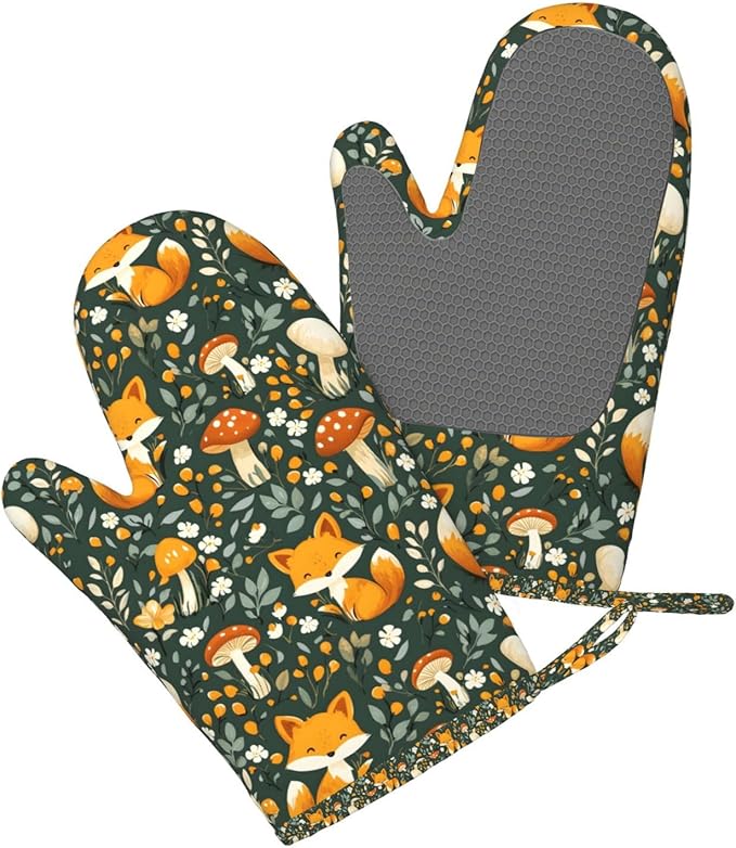 Fox Silicone Oven Mitts Set of 2, Heat Resistant up to 500°F, Kitchen Oven Gloves with Non-Slip Grip and Soft Cotton Lining for Baking, Cooking and BBQ
