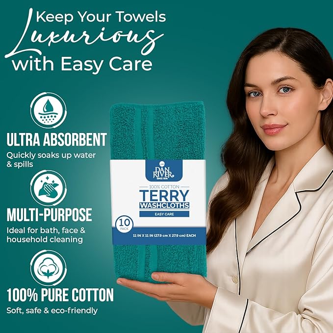 DAN RIVER 10 Pack Wash Cloths for Showering [11x11] - 100% Cotton Washcloths Premium Quality Flannel Face Cloths for Bathroom, Highly Absorbent and Soft Feel Wash Clothes, Assortment 7