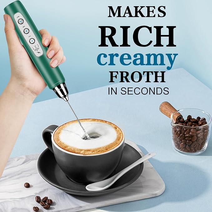 BSRGMS Milk Frother Handheld for Coffee, Electric Whisk 3 Speed Adjustable, Drink Mixer with Stainless 3 Whisks, Rechargeable Hand Frother Wand, for Latte Cappuccino Hot Chocolate Egg Green