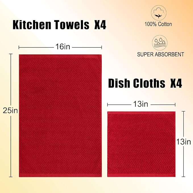 100% Cotton Kitchen Towels and Dishcloths Set, Pack of 8 Super Absorbent 16" x 25" Kitchen Towels and 13" x 13" Dish Cloths (400 GSM)