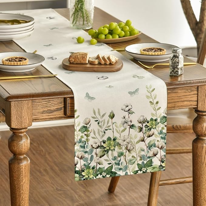 Artoid Mode Cotton Plant Leaf Butterfly 210 GSM Spring Table Runner, Seasonal Summer Kitchen Dining Table Decoration for Home Party Decor 13x108 Inch