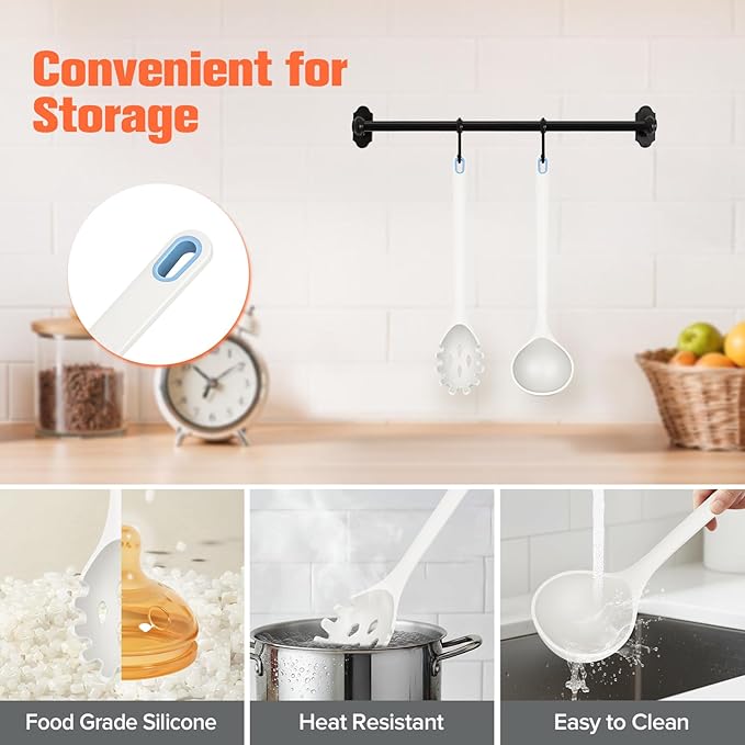 Silicone Spaghetti Spoon&Soup Ladle Cooking Utensils Set of 2,No Scratch for Nonstick Cookware,BPA Free, 450℉ Heat Resistant (White)