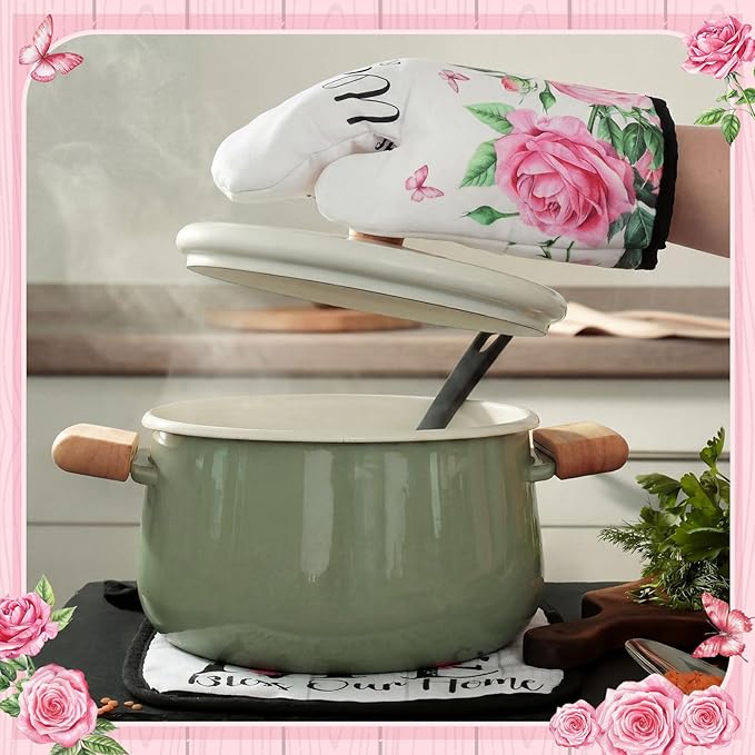 Leinuosen 8 Pcs Kitchen Towels and Dishcloths Sets Oven Mitts and Pot Holders Sets Absorbent Kitchen Gloves Potholders Heat Resistant for Chef Baking Cooking(Black and White,Rose)