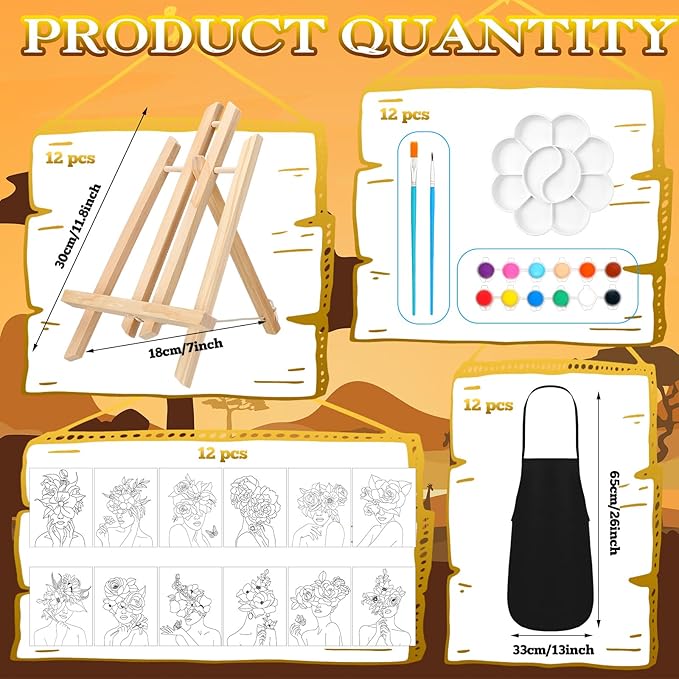 Motipuns 12 Set Pre Drawn Canvas for Painting for Adults Sip and Paint Kit with Easels 8 x 10 Inches Paint Party Kit with Printed Canvas Paints Brushes Palette Bag Apron(Flower Girl)